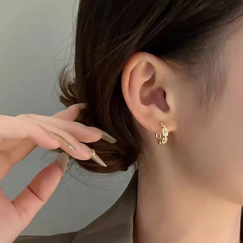 24K 9999 Pure Gold Ring buckle earrings women's simple temperament earrings